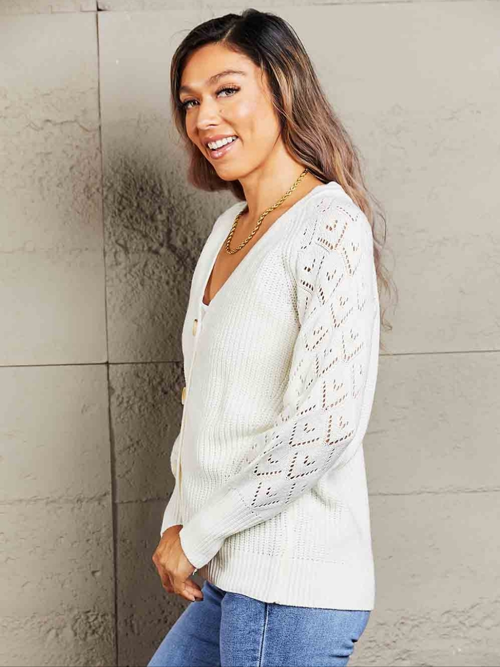 Charli Rib-Knit Raglan Cardigan - White - Picture 2 of 11